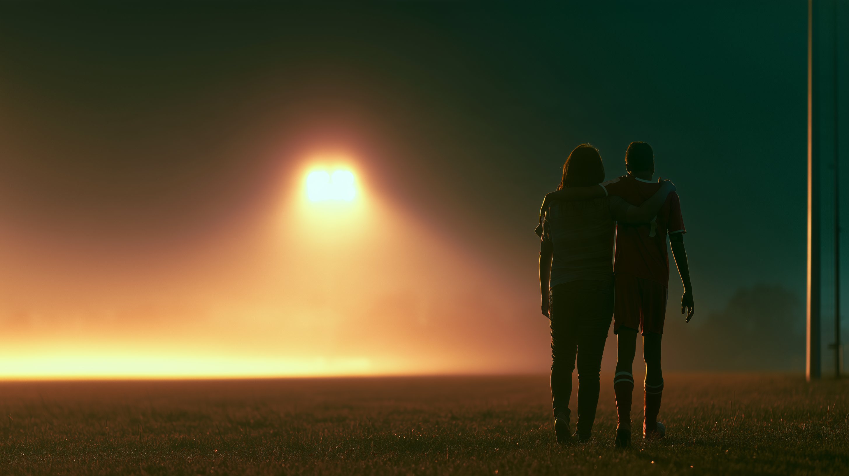 A young footballer walking off a floodlit pitch with a parent's arm around his shoulder