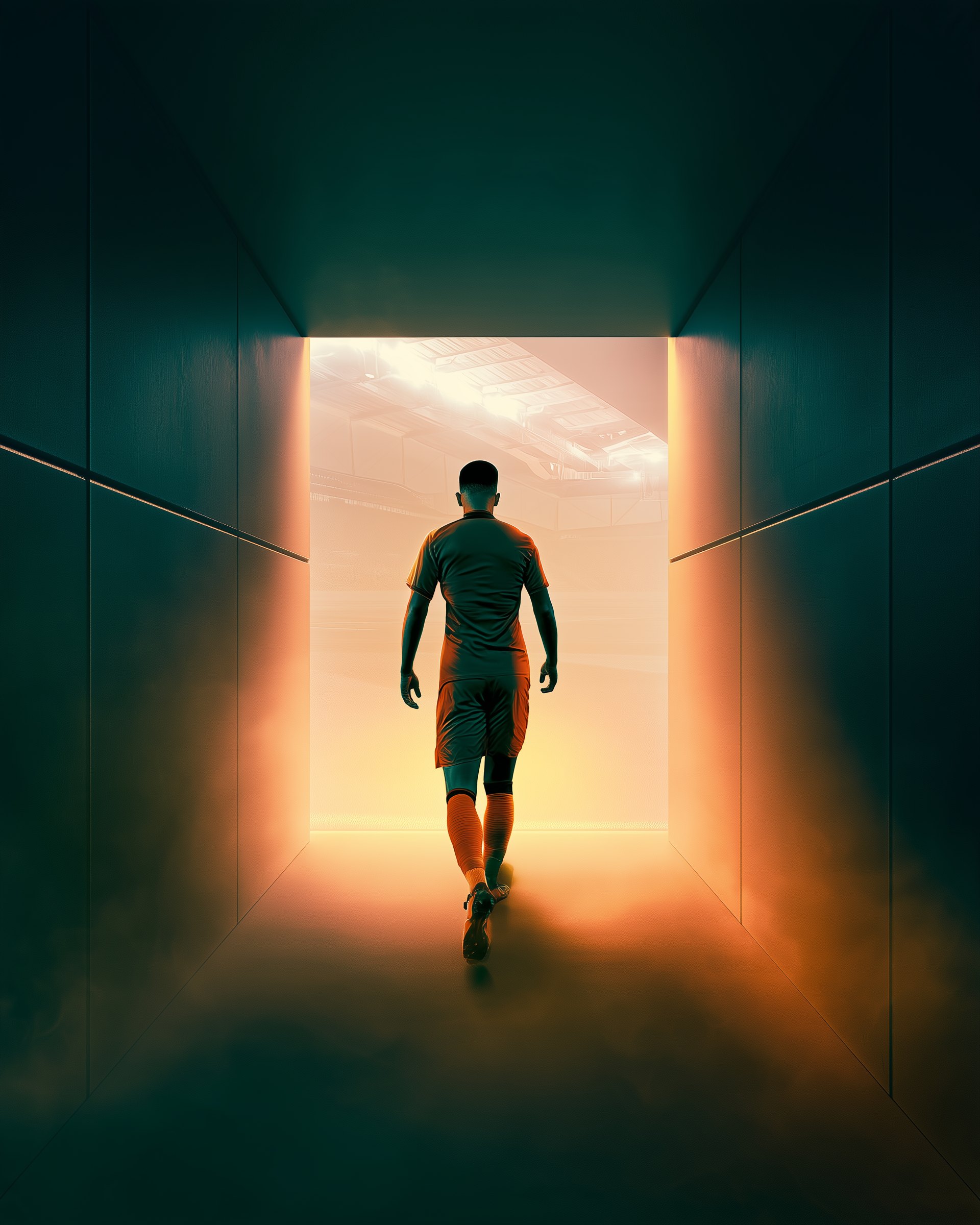 A footballer walking down a stadium tunnel towards the floodlit pitch